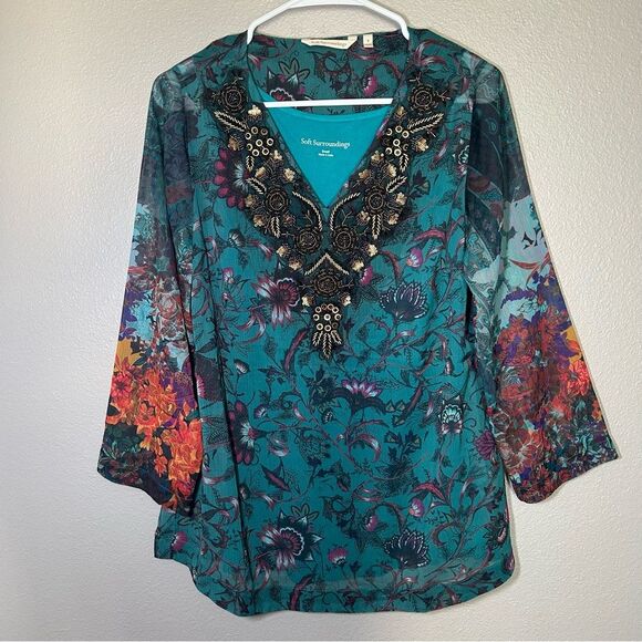 Soft Surroundings Beaurie beaded boho blouse & tank top women’s size small - Picture 2 of 9